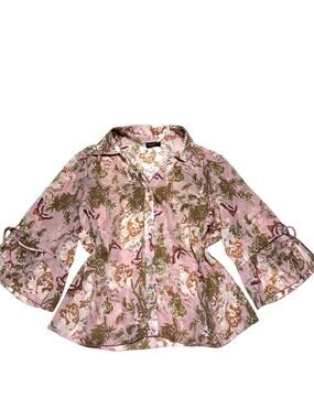 Tribal Pink Floral Button Front 3/4 Length Sleeve Peplum Blouse Size 12